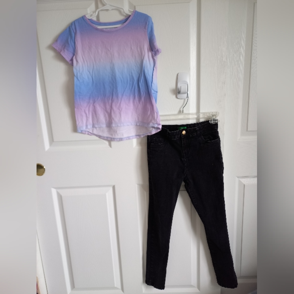 Girls large 2pc summer outfit 12/14 black jeans tie dye high low tee t-shirt top